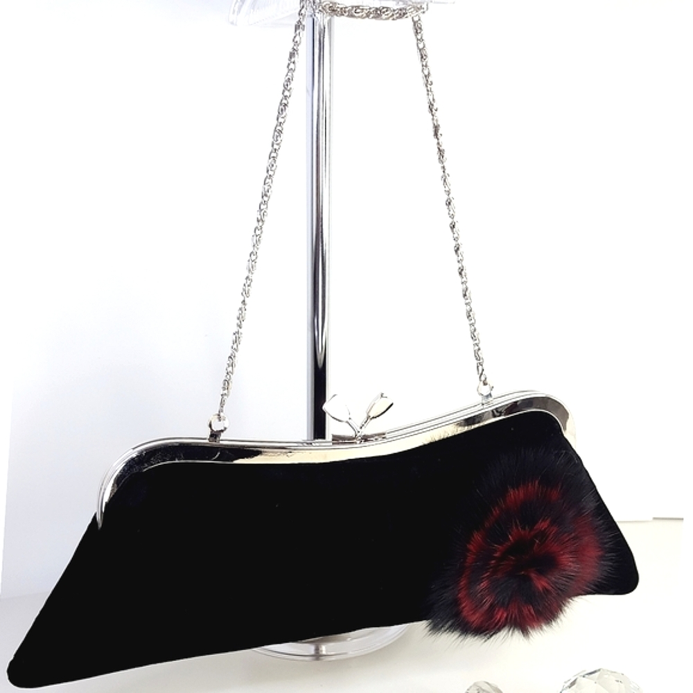 NEW Angele💋Black Velvet Fur Evening Bag |Clutch